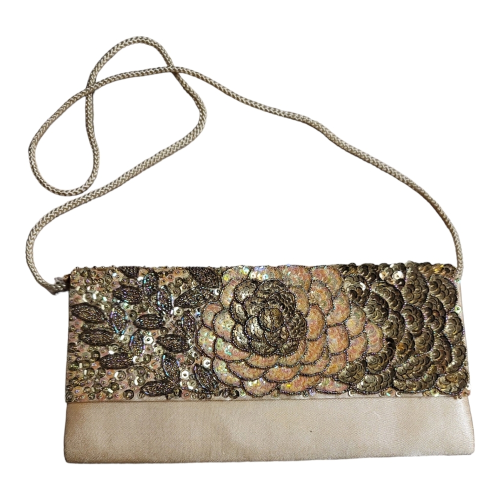 Menbur Handmade Evening Prom Gold Sequin Clutch Handbag with Rope Shoulder Strap